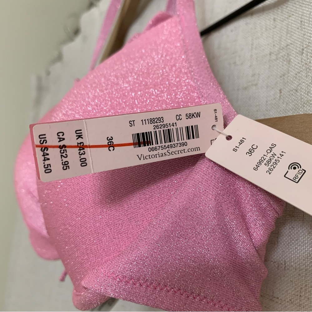 Victorias Secret Sparkly Glitter Barbie Pink Moderate Push up Tie Bikini Top 36C - Picture 4 of 6